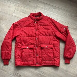 Vintage 70s Dunbrooke Pla-Jac Red Puffer Coat/Jacket 44-46 Large Snaps Pockets**